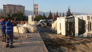 VİRAJI ALAMAYAN TIR DEVRİLDİ 