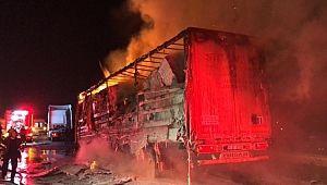 TEM'DE KARTON YÜKLÜ TIR ALEV ALEV YANDI TRAFİK KİLİTLENDİ
