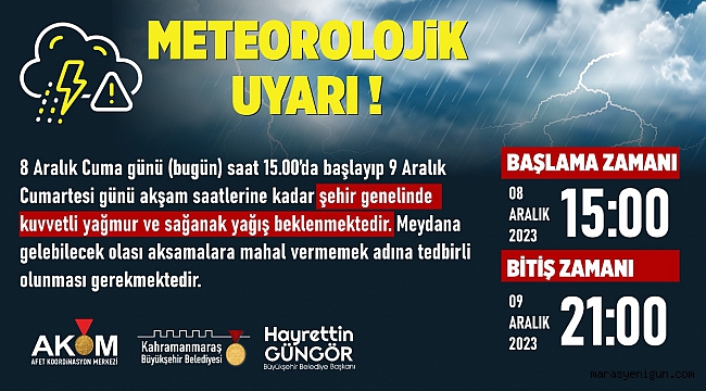 Kahramanmaraş Geneli Şiddetli Yağış Uyarısı