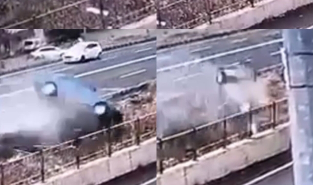 Otomobilin Drenaj Kanalına Uçtuğu Anlar Görüntülendi